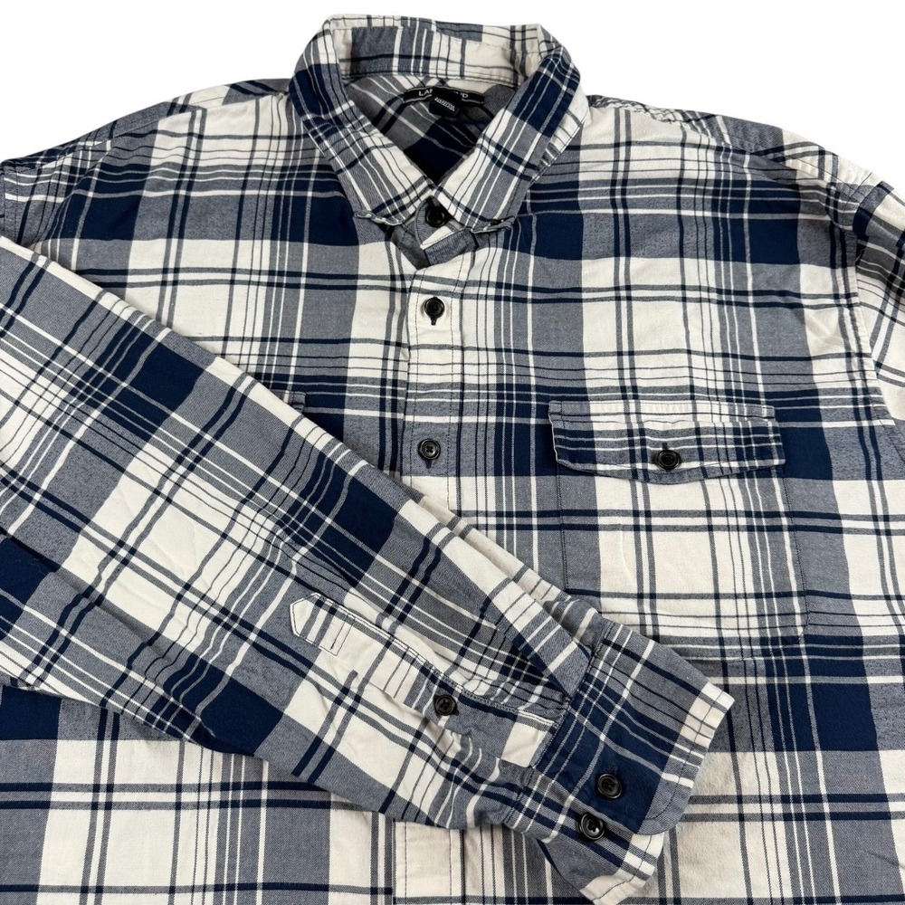 Lands End Mens 3XL Tall Plaid Flannel Button Down Shirt Navy White 501963